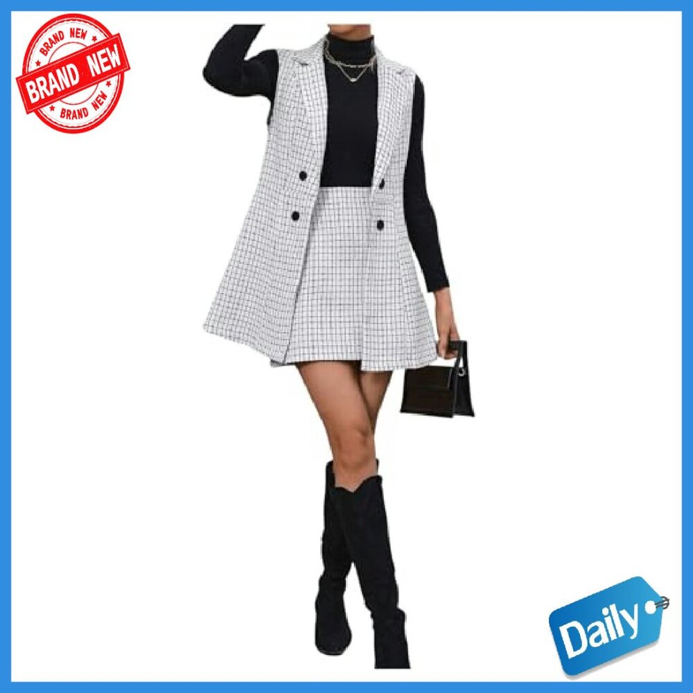 Women's Plaid Vest Blazer Skirt Set Workwear Office Business Casual - Picture 8 of 8